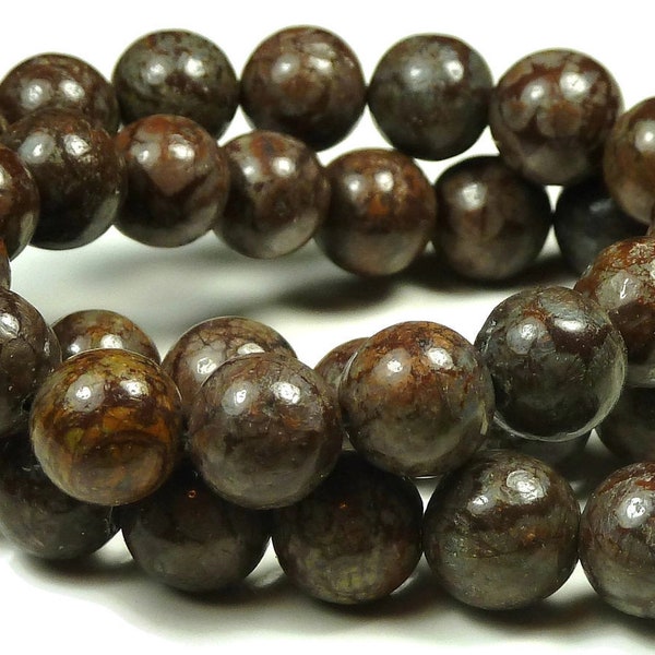 10mm Brown Snowflake Jasper Natural Gemstone Beads - 15.5 Inch Strand - Round, Dark Brown - BE26