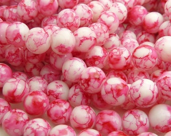 10mm Rose Red and White Round Glass Beads - 20 Pieces - Patterned Beads - BN31