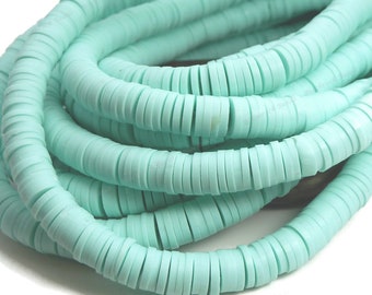 6mm Light Aqua Polymer Clay and Vinyl Heishi Beads - 17 Inch Strand (380 - 400 Beads) - Vinyl Disc Beads, Spacer Beads - BR5-12