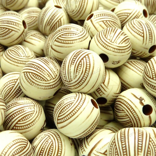 12mm Opaque Ivory White and Chocolate Brown Engraved Acrylic Beads - 20pcs - Round, Stripes - BK10