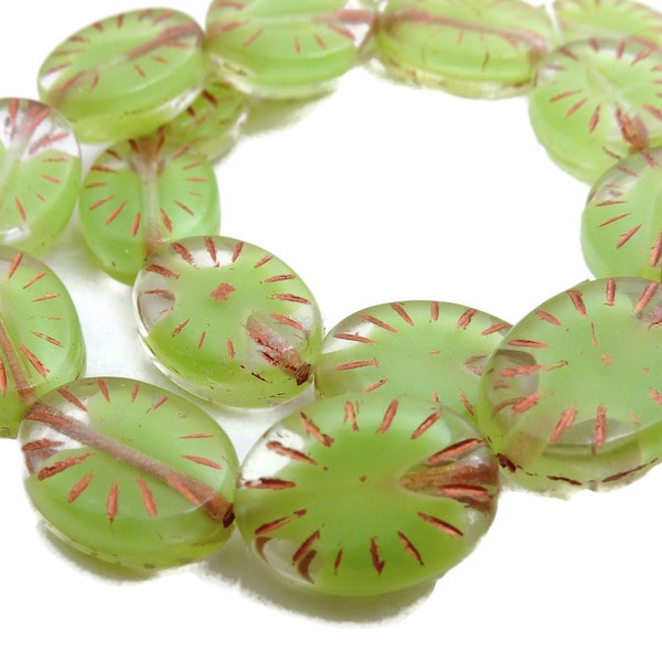 14x11mm Light Green and Clear Starburst Czech Glass Beads - 10pc Strand - Carved Puffed Oval Beads, Copper Accents - BE44