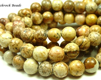 10mm Picture Jasper Natural Gemstone Beads - 15.5 Inch Strand - Brown, Sand, Tan, Swirls, Earth Tones - BC20