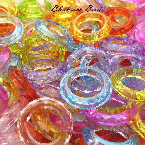 25 Faceted Acrylic Donut Beads - 20mm, 12mm Bead Holes - Flat Round Mixed Color Beads, Large Hole Beads, Assorted Colors - BG5