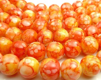 Bulk 100 Red Orange and Yellow Round Glass Beads - 10mm - Patterned Beads - BL18