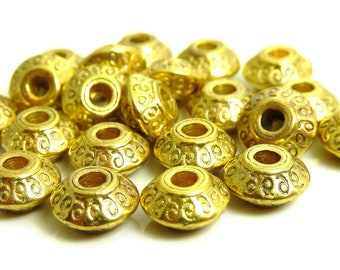 25 Antique Gold Tone Metal Beads - 4x7mm - Flat Round Spacers - BH6