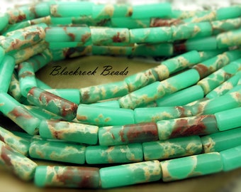 Green Aqua Terra Jasper Round Tube Beads - 15 Inch Strand (28 beads) - 13x4mm Imperial Jasper Cylinder, Sea Sediment Gemstone Beads - BD10