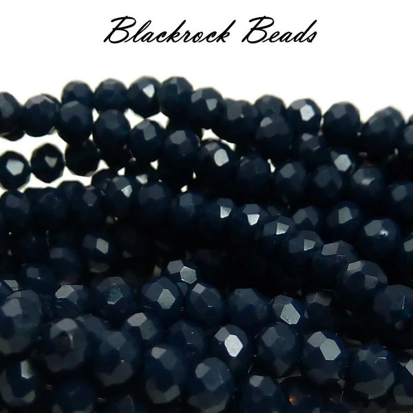 3.5x3mm Midnight Blue Faceted Glass Rondelles - 13 Inch Strand (about 125 beads) - Dark Blue Seed Beads, Tiny Spacers, Shiny AB Finish - BD5