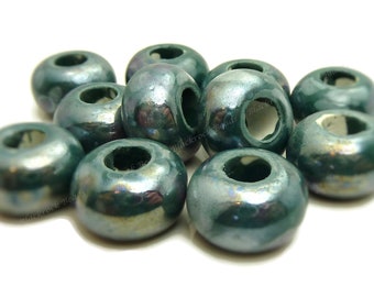 15mm Dark Green Pearlized Porcelain Rondelle Beads - 8pcs - 6mm Bead Holes, Brushed Silver Beads - BQ17