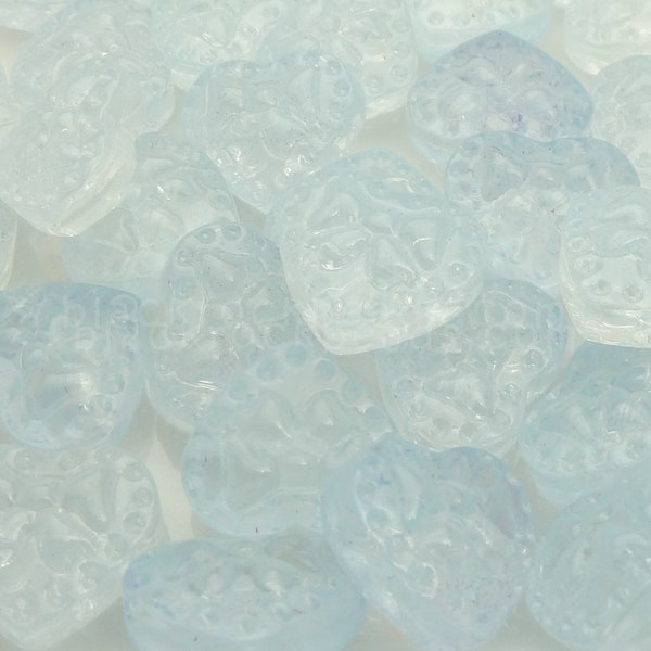 10 Icy Blue and Clear Heart Shaped Glass Beads - Bow Pattern on Both Sides, Heart Jewelry Beads, 14x15mm - BD3