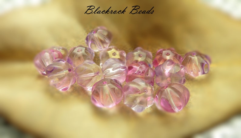 Pink, Light Purple, and Clear Flower Glass Beads 10 Pieces 8x10mm, Pumpkin Shaped Melon Beads, Metallic Gold Accented Beads BK1 image 1