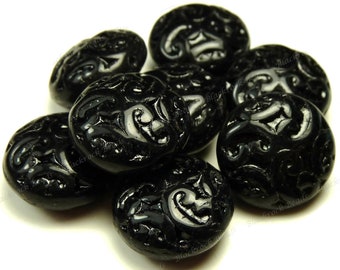 14mm Black Paisley Carved Czech Glass Beads - 10 Pieces - Puffed Flat Round Beads - BD34