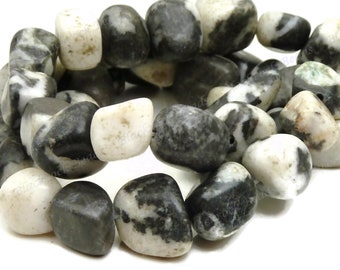 Zebra Jasper Rough Tumbled Nugget Natural Gemstone Beads - 15 Inch Strand - Pebbles, Freeform, Semi Matte, Black and White, Rustic - BA23