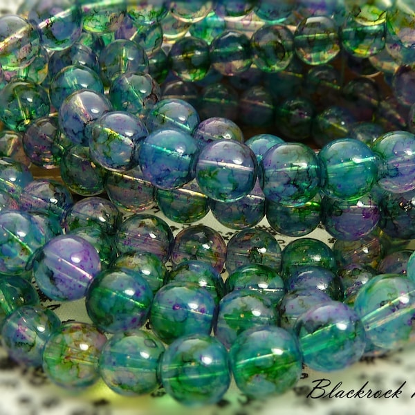 8mm Blue, Green, and Purple Round Glass Beads - 25 Pieces - Colorful Beads, Marbled Pattern Jewelry Beads, Craft Supplies - BP44