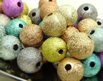 25 Stardust Acrylic Textured Round Beads - 7mm, Green, Gold, Silver, Blue, Purple, Mixed Color Beads - BQ13