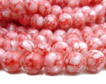 10mm Scarlet Red and White Round Glass Beads - 20, 50 or 100 Pieces - BL6