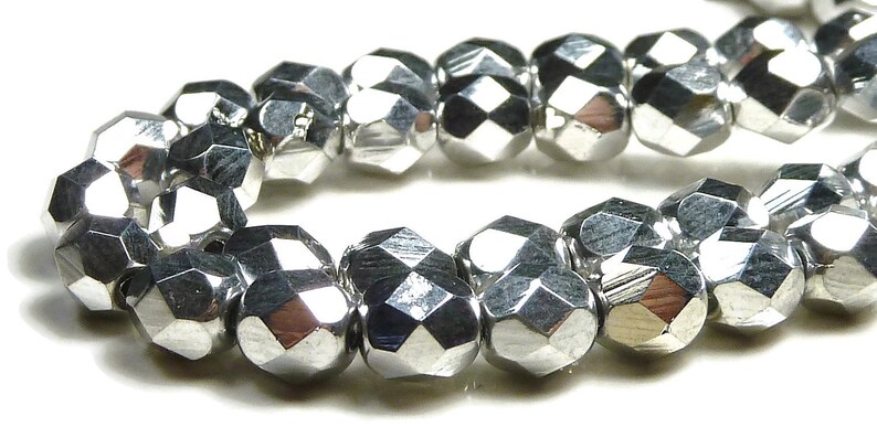 4mm Czech Faceted Metallic Silver Round Fire Polished Glass Beads 50pc Strand BD38 image 2
