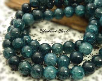 Bulk 50 Marine Blue Crackled Vein Round Glass Beads - 10mm Dark Teal Blue Jewelry Beads, Craft Supplies - BN23