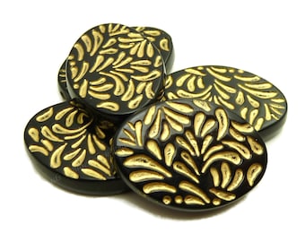 Black and Gold Accented Oval Acrylic Beads - 6pcs - 28x20mm Large Beads, Carved Beads, Etched Beads - BQ13