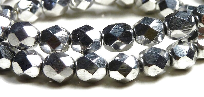 4mm Czech Faceted Metallic Silver Round Fire Polished Glass Beads 50pc Strand BD38 image 4