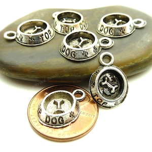 Bulk 30 Dog Bowl Charms - Antique Silver Tone - 15x11mm, 3D Charms, Very Cute and Detailed, Top Dog Pendants - BE34