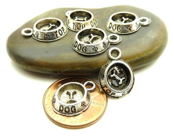 10 Dog Bowl Charms - Antique Silver Tone - 15x11mm, 3D Charms, Very Cute and Detailed, Top Dog Pendants - BE34
