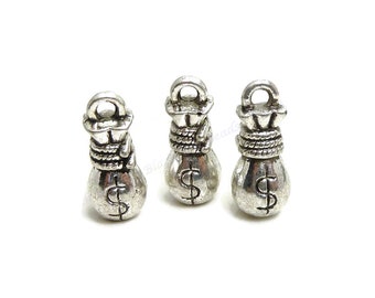 10 Money Bag Charms - Antique Silver Tone Metal - 14x6mm, 3D Money Charms - BP15