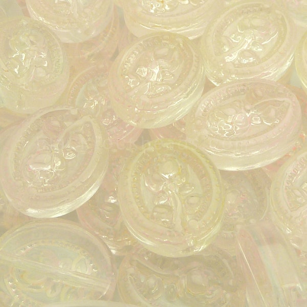 10 Pink, Light Yellow, and Clear Rose Pattern Oval Glass Beads - 18x15mm Flower Beads, Floral Jewelry Beads - BD30