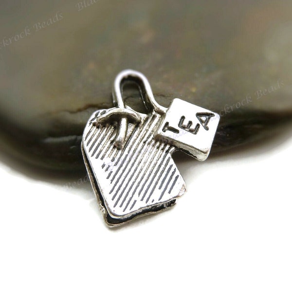 10 Tea Bag Charms - Antique Silver Tone - 15mm, Nicely Detailed 3D Charms, Textured Drink Pendants - BG35