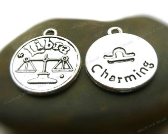 Set of 6 Libra Zodiac Charms ( Double Sided ) Antique Silver Tone Metal - Jewelry Supplies, Findings - BT1