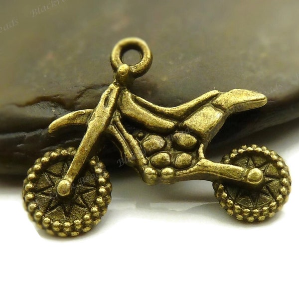 5 Motorcycle Charms - 3D and Double Sided - Antique Bronze Tone - 19x23mm, Motorbike Pendants - BG23