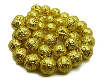 8mm Metallic Bright Gold Electroplated Lava Beads - 15.5 Inch Strand (47 Beads) - BE32