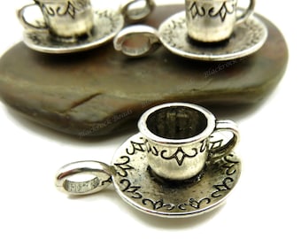 5 Coffee Cup on a Plate Charms - Antique Silver Tone - Very Detailed 3D Pendants, Coffee Charms, Tea Cup Pendants - BB22