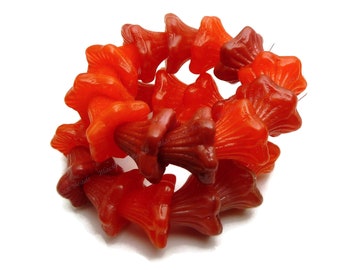 13x10mm Orange Red Two Tone Mix Czech Glass Beads - 12pc Strand - Center Drilled, Czech Flower Beads, Czech Bell Flowers - BD45