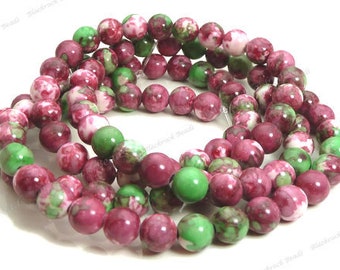 8mm Rosy Red and Green Rain Flower Stone Ocean Jade Round Gemstone Beads - 15.5 Inch Strand - BB11