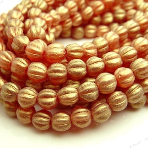 5mm Sueded Gold Ruby Round Melon Czech Glass Beads 50pc Strand Corrugated, Fluted Beads, Small Spacer Beads BD31 image 1