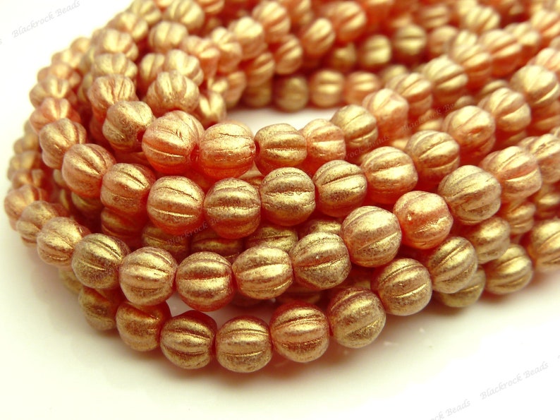 5mm Sueded Gold Ruby Round Melon Czech Glass Beads 50pc Strand Corrugated, Fluted Beads, Small Spacer Beads BD31 image 1