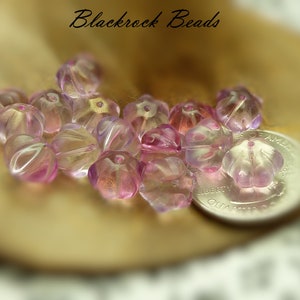 Pink, Light Purple, and Clear Flower Glass Beads 10 Pieces 8x10mm, Pumpkin Shaped Melon Beads, Metallic Gold Accented Beads BK1 image 8