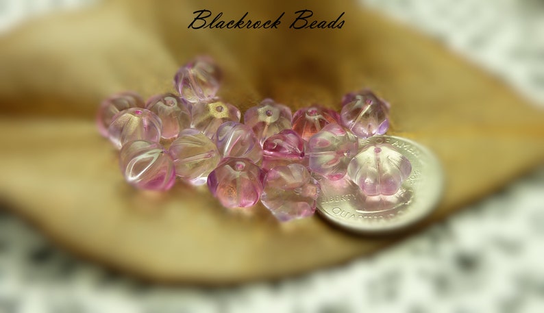 Pink, Light Purple, and Clear Flower Glass Beads 10 Pieces 8x10mm, Pumpkin Shaped Melon Beads, Metallic Gold Accented Beads BK1 image 8