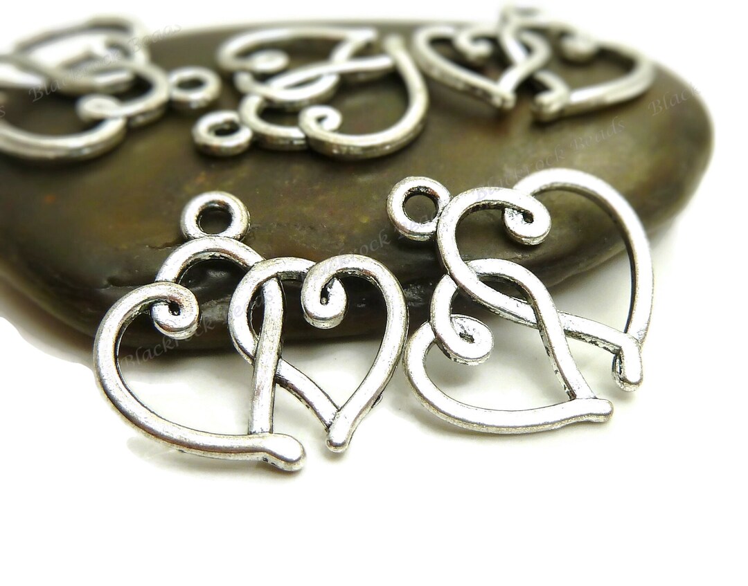 Vintage Floral Stamped Steel Heart Pendants - 20x18mm Silver Findings Beads (Lot Of 12) NOS