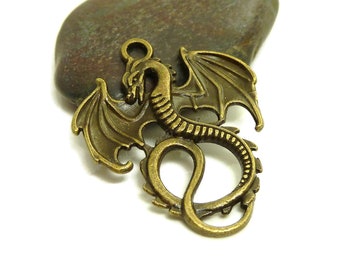 4 Dragon Charms or Pendants - Antique Bronze Tone Metal - 35x28mm - Large Pendants - BP7