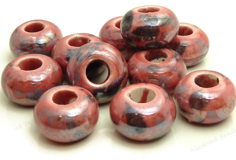 BQ17 8pcs 6mm Bead Holes Brushed Gray Beads 15mm Dusty Rose Pearlized Porcelain Rondelle Beads