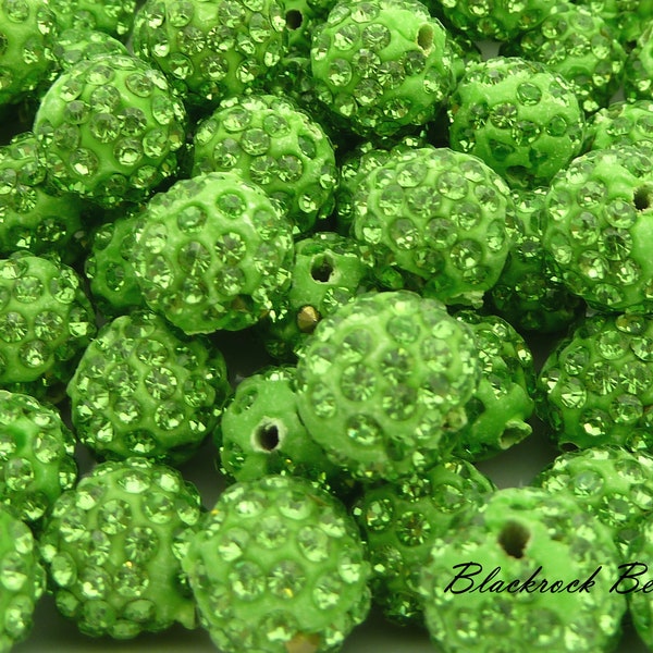 12mm Peridot Green Polymer Clay Disco Ball Beads - 10pcs - Round Pave Rhinestone Beads, Shiny Beads - BG12