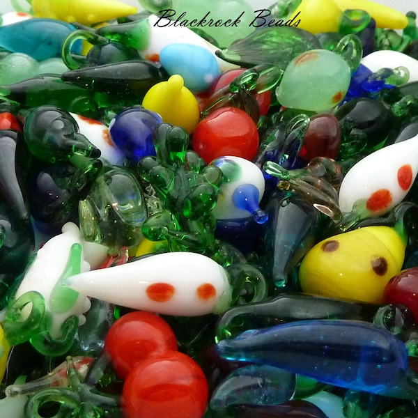 Assorted Lampwork Glass Pendants - 10pcs - Surprise Grab Bag Lampwork Charms - Mixed Variety From Tiny to Large, Assorted Shapes and Sizes