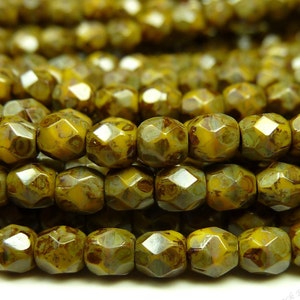 3mm Sunflower Yellow Picasso Czech Glass Beads - 5 Inch Strand (50pcs) - Round, Faceted, Fire Polished Czech Glass Jewelry Beads - BD37