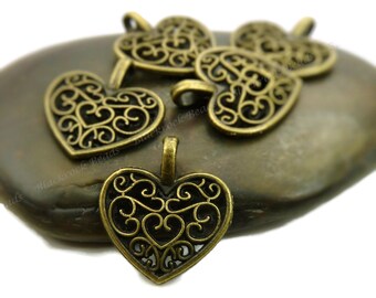 10 Heart Shaped Charms - Antique Bronze Tone - 16x15mm, Filigree Heart Pendants - BA7