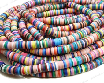 6mm Rainbow Polymer Clay and Vinyl Heishi Beads - 18 Inch Strand (380-400 beads) - Vinyl Disc Beads, Multicolor Beads, Spacers - BR6-38
