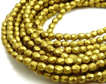 3mm Matte Metallic Aztec Gold Czech Glass Beads - 50pc Strand - Round, Faceted, Fire Polished Beads - BD37