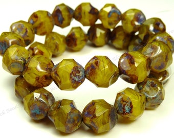 9mm Yellow Opalite Picasso Czech Glass Beads - 15pc Strand - Faceted, Central Cut Baroque - BE41