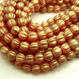 5mm Sueded Gold Ruby Round Melon Czech Glass Beads 50pc Strand Corrugated, Fluted Beads, Small Spacer Beads BD31 image 3