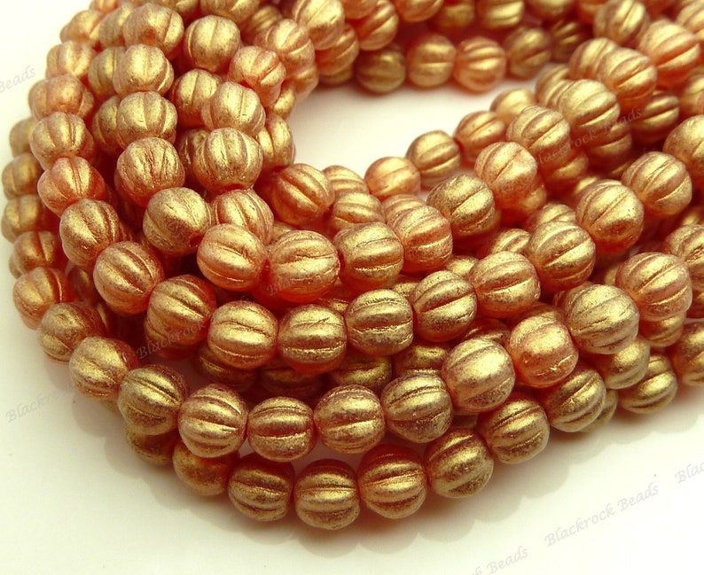 5mm Sueded Gold Ruby Round Melon Czech Glass Beads 50pc Strand Corrugated, Fluted Beads, Small Spacer Beads BD31 image 3